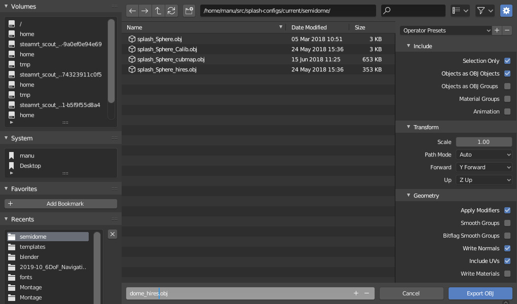 Blender configuration export panel