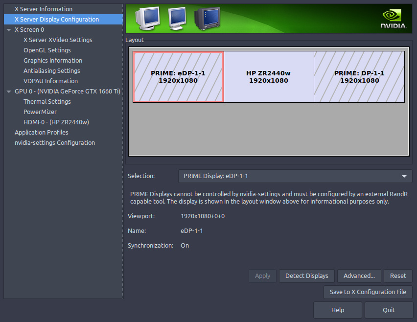 Configuration des affichage dans nvidia-settings