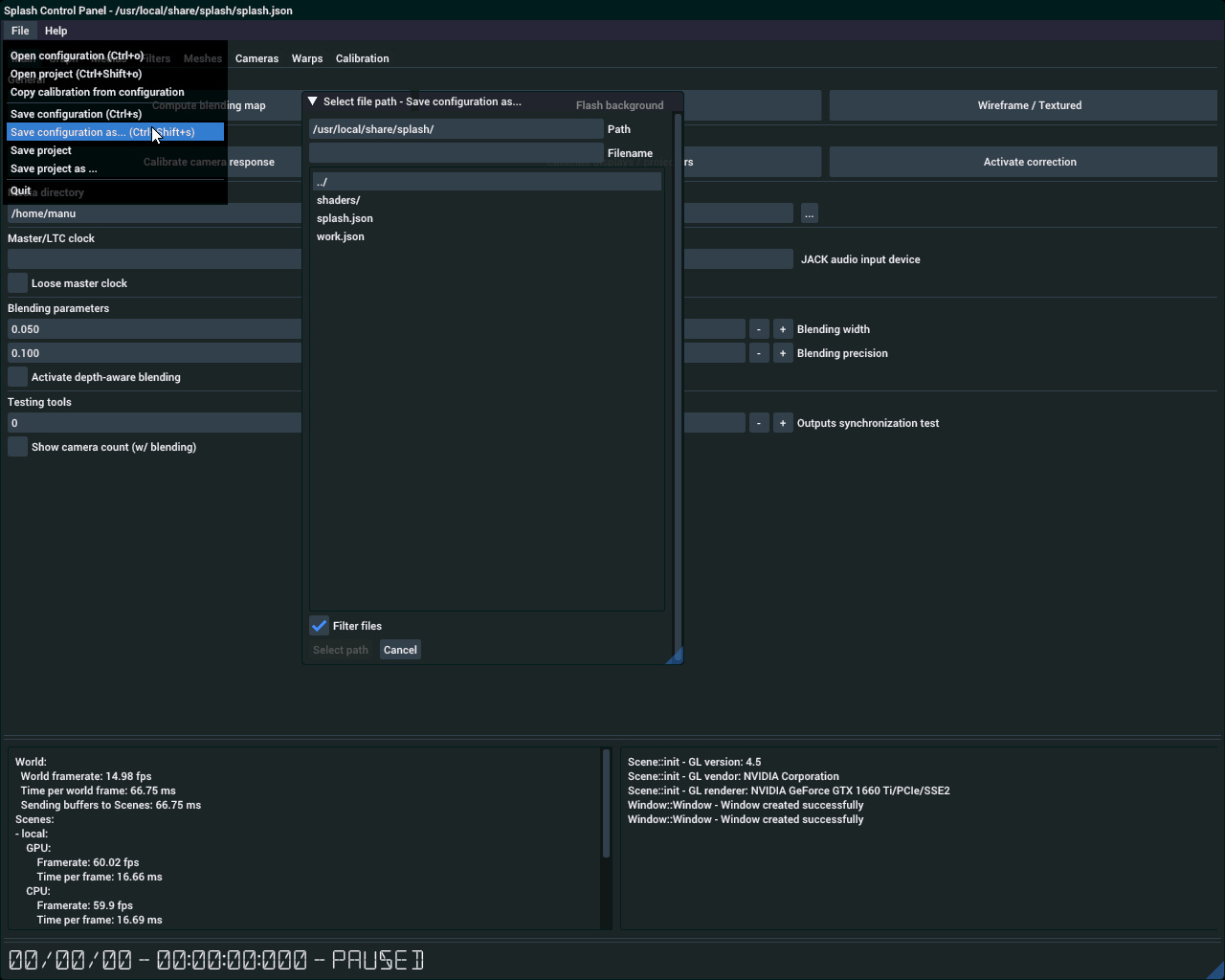 Le menu et la boîte de dialogue de sauvegarde de la configuration